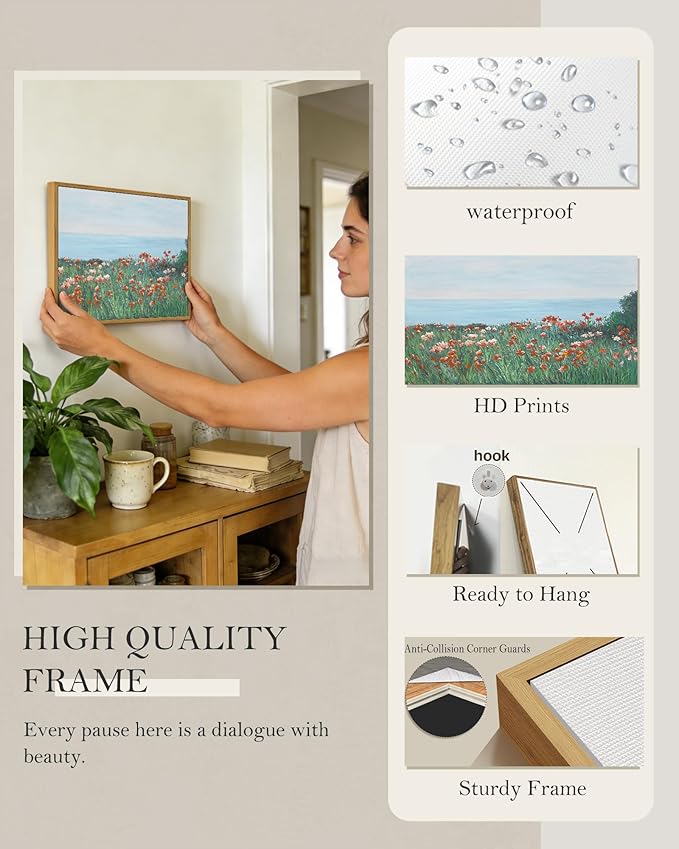 SHENIFY Vintage Framed Wall Art Coastal Wildflower Field Poppy Flower Landscape Scenery Home Decor Retro Decorations for Farmhouse Bedroom Ready to Hang Wall Artwork - 11x14in Natural Framed
