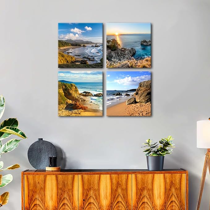 Beach Scene Canvas Wall Art Oregon Coast Landscape Pictures for Living Room Ocean Sunrise Wall Decor Nautical Seascape Paintings Framed Artworks Family Bathroom Bedroom Home Decorations 16x16” 4 Pcs