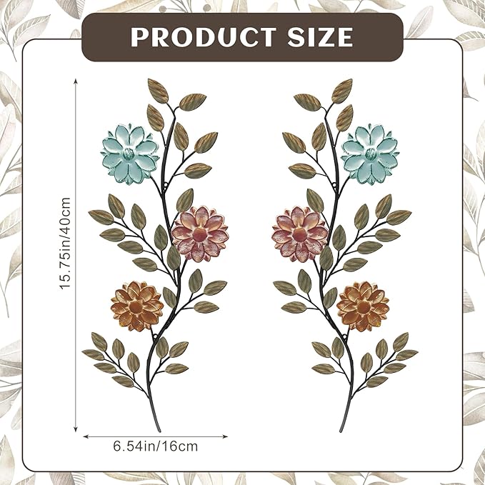 MorningRo 2 Pcs Metal Flower Leaves Wall Art, 15.75 Inch Spring Wall Decor, Vintage Leaf Wall Hanging, Rustic Wall Decor for Holiday Indoor Outdoor