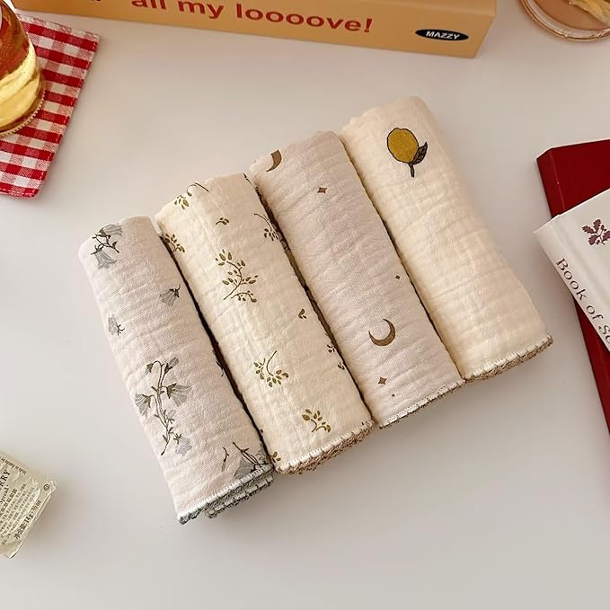 BuLuTu 4 Pack Stylish Dish Cloths Towels for Kitchen Soft Muslin Cotton Wash Cloths High Durability Absorbency Reusable Cleaning Towels with Cute Floral Print, 11x11 Inches