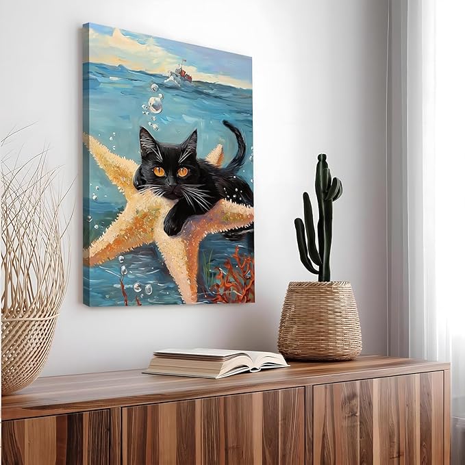 Framed Black Cat Ocean Wall Art, Cute Cat Holding Starfish Canvas Print, Funny Animal Lovers Sea Life Painting Picture for Bathroom Bedroom Kids Room Home Decor 12x16 Inch