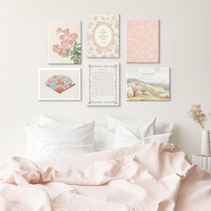 Christian Nursery Wall Art Bible Verse Canvas Wall Decor Girl Floral Wall Art Aesthetic Scripture Pictures Jesus Religious Posters Pink Flower Prints Vintage Artwork for Bedroom 12x16x6 Inch Framed