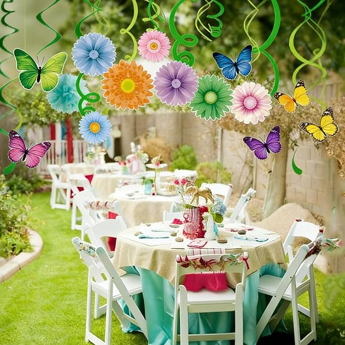 Pastel Rainbow Easter Party-Decorations Supplies - 15pcs Spring Flowers Butterflies Ceiling Hanging Swirl Banner,Home Office Streamers Garland,Outdoor Indoor Birthday Wall Backdrop Decor Burgleda