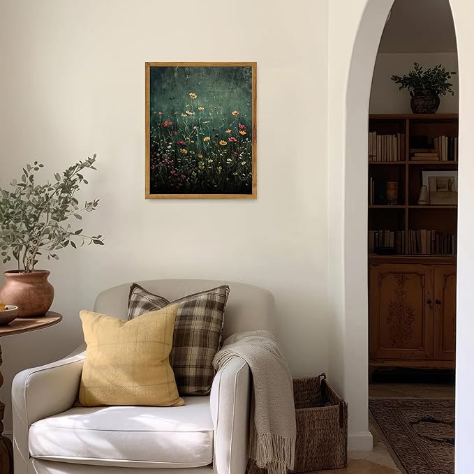 KBKBART Framed Canvas Wall Art, Green Flower Wall Decor, Nature Landscape Flower Wildflower Oil Painting Prints Pictures Artwork for Living Room Bedroom 12x16 inch