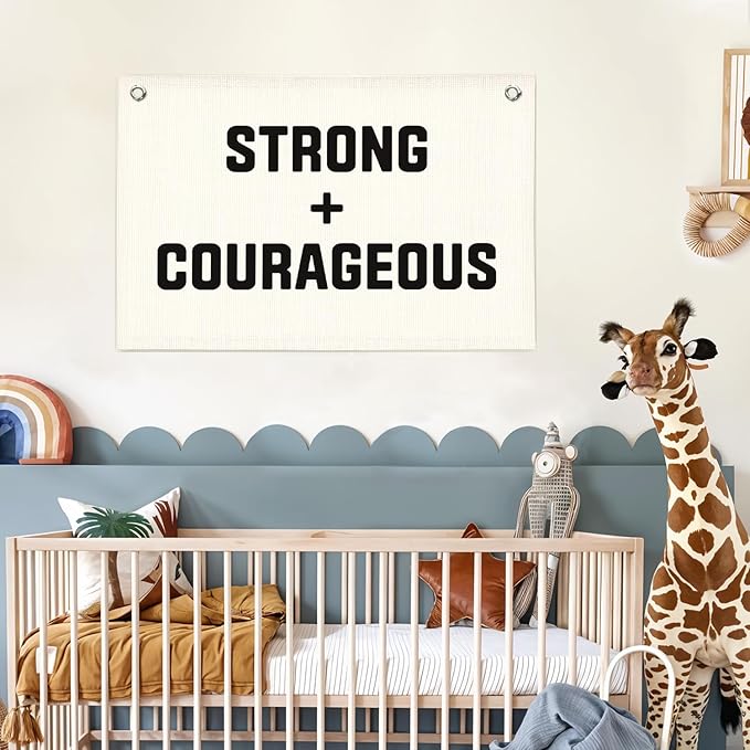 Lacama Positive Affirmations Wall Decor, Playroom Decor, Be Strong Courageous Linen Banner Wall Hanging Banner Flag Decor for Nursery Toddler Room, Boys Kids Room 30x20 Inch