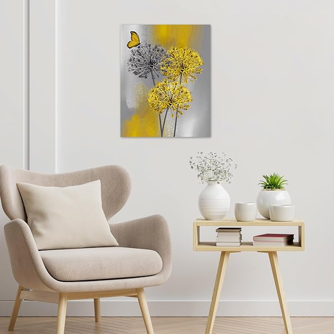LB Yellow Dandelion Canvas Wall Art Yellow Grey Dandelion with Butterfly on Modern Abstract Wall Art Aesthetic Wall Decor for Living Room Bedroom Bathroom Office Framed Ready to Hang 10L x 8W