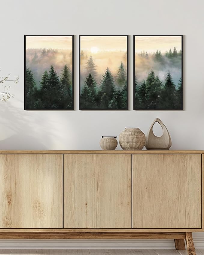 Drsoum Green Fog Pine Tree Landscape Wall Art Framed Nature Misty Nordic Forests Prints Morden Farmhouse Rustic Artwork Hallway Bedroom Ready to Hang 16x24in Black Framed