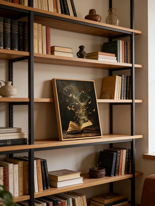 Framed Moody Victorian Bookish Wall Art Dark Academia Library Canvas Wall Decor Picture Vintage Reading Nook Butterfly Aesthetic Painting Poster Print for Gallery Library Bookstore Decoration 12x16in