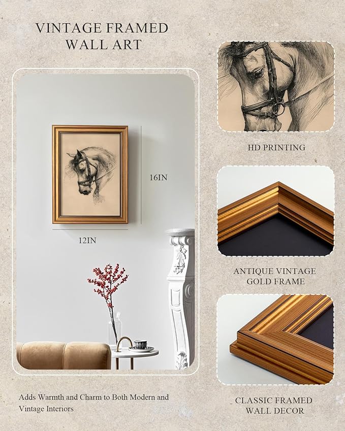 InSimSea Gold Framed Canvas Prints Wall Art, Vintage Horse Decor, Sketch Animal Paintings Farmhouse Wall Decor Aesthetic, Antique Minimalist Pictures for Bedroom Living Room Shelf, 12x16inch
