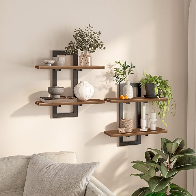 HOOBRO Floating Shelves, 15 Inch Wall Shelf Set of 2, Wall Mounted Storage Shelves 2-Tier, Hanging Bathroom Shelves, for Living Room, Bedroom, Bathroom, Kitchen, Walnut and Black BH32BJ01