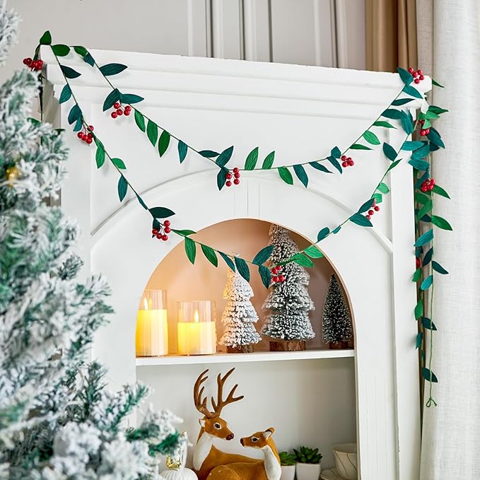 Christmas Banner Garlands 2 Pcs, with Handcrafted Paper Leaves and Decorative Red Berries, Paper Greenery Garland Banner for Xmas Indoor Home Office Decorations