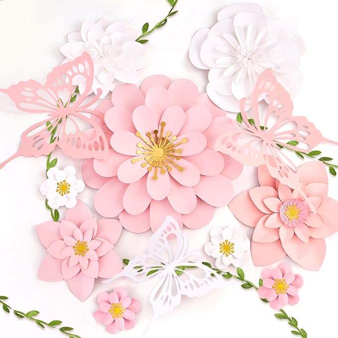 Paper Flower Decoration for Wall 3D Paper Butterfly Flower Bulletin Board Decor Pink White Artificial Flower Backdrop Wall Decor Green Leaves Vine for Classroom Office Spring Garden Tea Women Birthday