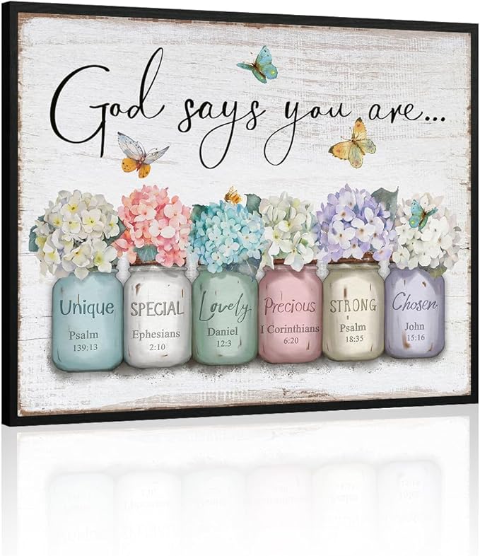 God Says You Are Wall Art: Christian Inspirational Bible Verse Wall Art Religious Scripture Encouragement Gifts for Women,Hydrangea in Mason Jar Prints Butterfly Posters Bedroom Decor 12" x 15"