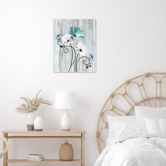HVEST Teal Daisy Wall Art Vintage Flower and Butterfly on Rustic Wooden Abstract Painting Farmhouse Plant Wall Art for Bathroom Living Room Bedroom Kitchen Decor Ready to Hang, 10Lx8W Inches