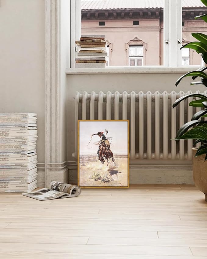 KBKBART Vintage Southwest Framed Canvas Wall Art, Western Art Prints Wall Decor, Western Cowboy Pictures Southwestern Artwork Prints Farmhouse Wall Decor for Western Bedroom Bathroom Decor (12"x16")