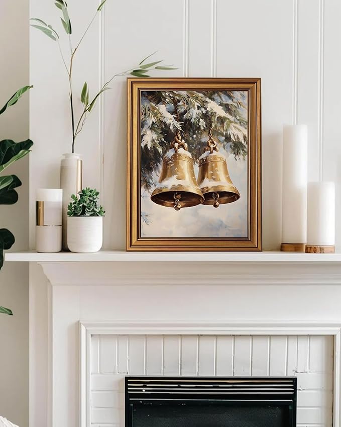 InSimSea Gold Framed Christmas Wall Art, Vintage Canvas Prints Decor, Jingle Bells Snow Paintings Wall Shelf Decor, Rustic Pictures for Winter Bedroom Holiday Decoration Gifts, 12x16inch