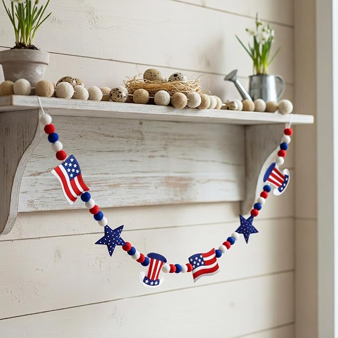 Felt 4th of July Garland 3D Red White Blue Patriotic Pom Ball Banner with Flag & Stars 250th Anniversary Decorative Hanging Bunting for Home Mantel Independence Day Memorial