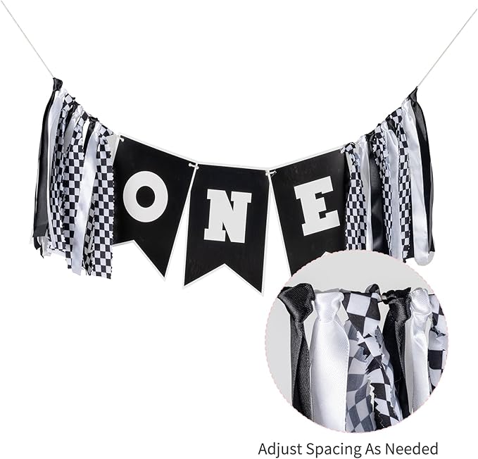 Race Car First Birthday Highchair Banner, Pre - strung Black & White Checkered “ONE” Garland for Boys’ Fast One Party, Cake Smash Photos & Racing Theme Decor