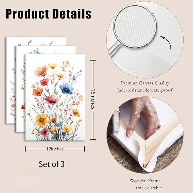okudolit Colorful Wildflower Framed Canvas Wall Art Set Of 3 Flowers Pictures Prints Flowers Printing Floral Watercolors Flower wall Decor Living Room Bedroom Dinning Room Farmhouse Office-12x16in