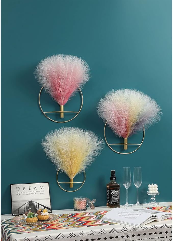 Pretty Jolly Boho Wall Decor - Hanging Artificial Pampas Display for Living Room, Bedroom, Bathroom, Dining Room - Wall-Mounted Metal Plant Art, 2 Pack Gold