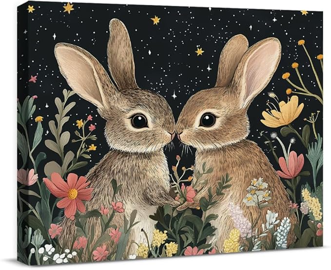 Aesthetic Rabbits Wall Art Decor Dark Witchy Rabbit Moon Celestial Canvas Print Poster Floral Framed Painting for Home Living Bedroom Decor 8x10 Inch