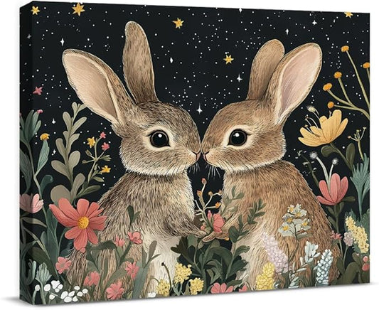 Aesthetic Rabbits Wall Art Decor Dark Witchy Rabbit Moon Celestial Canvas Print Poster Floral Framed Painting for Home Living Bedroom Decor 8x10 Inch