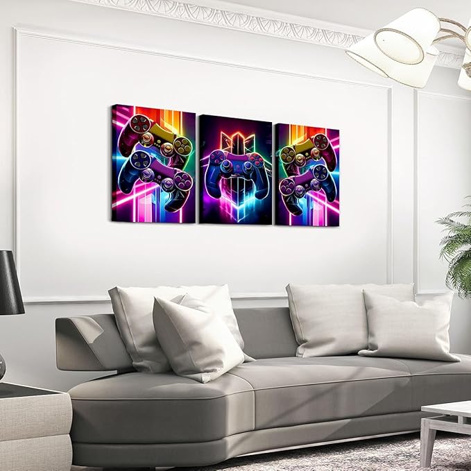 Feelyou Gamer Canvas Wall Art For Living Room 12"X 16"3 Piece Game Controller Picture Wall Decor Gaming Gifts Bathroom Art Gamepad Office Decorations Artwork Posters Blue Painting