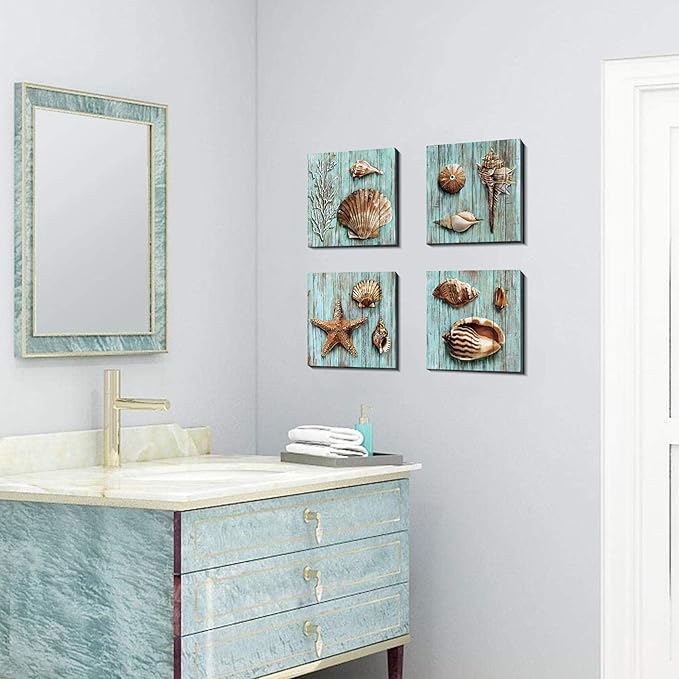 Blue Shells Wall Art Home Decor for Bathroom Shell Conch Framed Canvas Prints Sea Ocean Paintings Pictures Marine Life Coral Starfish Modern Large Artwork Living Room Home Decoration Set 4 Pcs 16x16