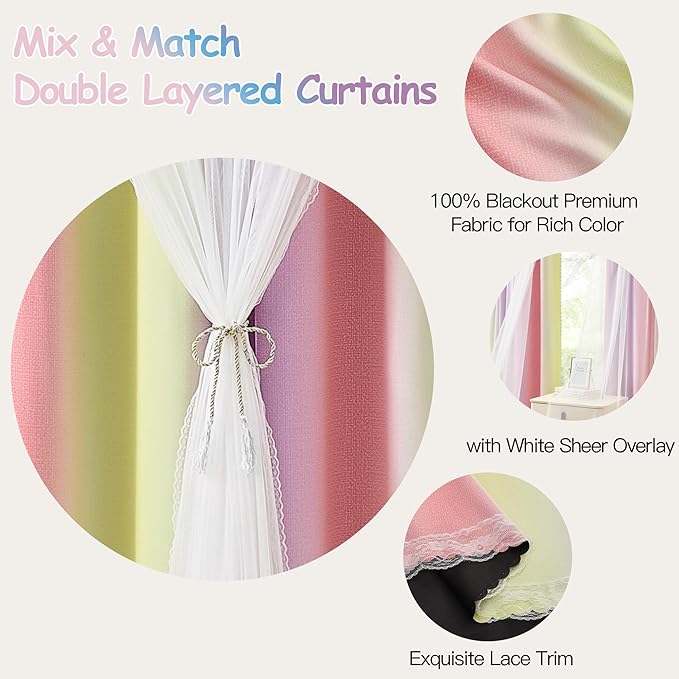 XiDi Girls Blackout Curtains for Bedroom 96 Inch Length 2 Panels Pink Yellow Purple Rainbow Blackout Curtains with Sheer Overlay for Little Girl Kids Room Decor Living Room Grommet Drapes 52W x 96L
