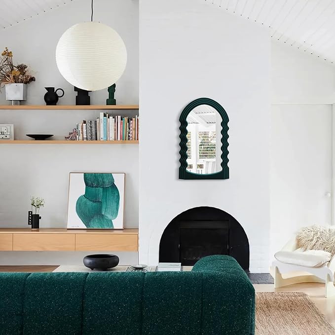 Green Wall Mirror Decor for Hallway Entryway, Irregular Arched Small Decorative Mirrors for Home Office Living Room, Modern Hanging Wall Art Sculpture for Christmas Wedding Gift (Green)