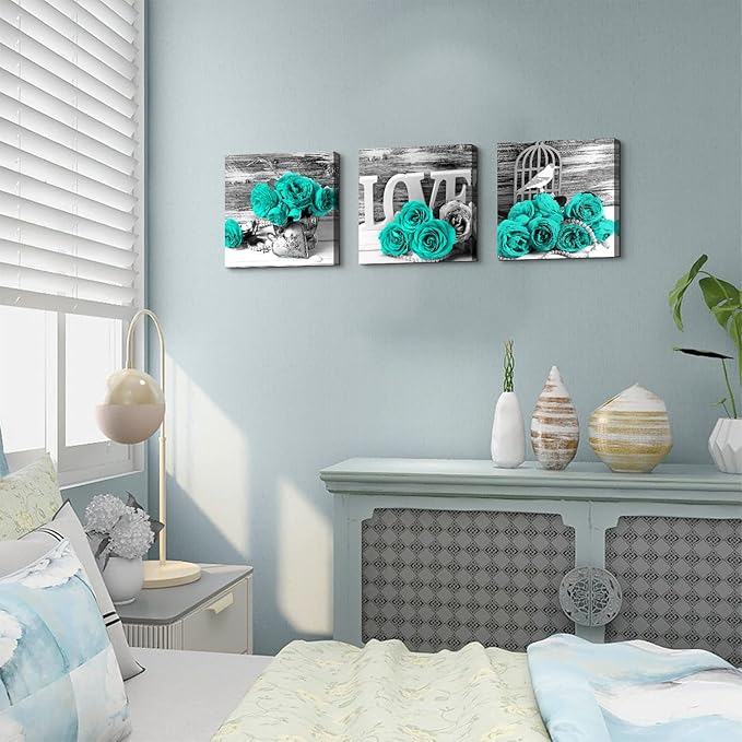 Teal Bathroom Wall Decor Turquoise Teal and Grey Rose Wall Art for Bedroom Living Room Accessories Love Sign Aqua Green Flower Pictures Floral Poster Canvas Artwork Kitchen Home Decoration 12x12" 3