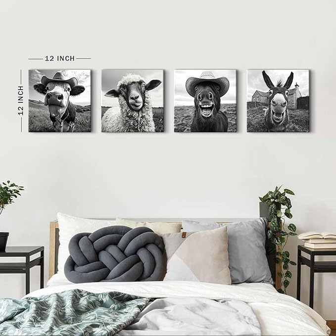 Black and White Funny Animals Wall Art Farmhouse Cow Sheep Donkey Horse Pictures Wall Decor for Kitchen Bedroom Living Room Farm Country Canvas Prints Cowboy Poster Artwork Home Decoration 12x12” 4Pcs