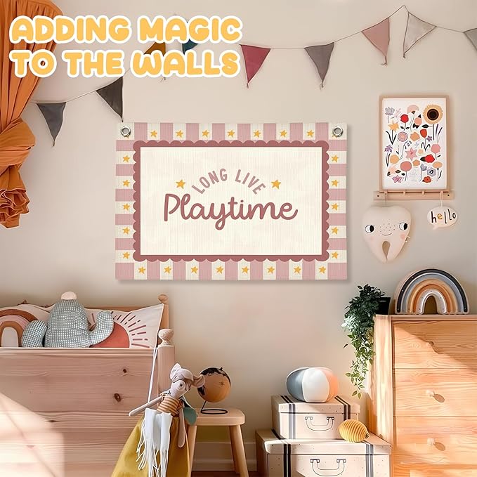 Playroom Wall Decor,Long Live Playtime Linen Canvas Banner,Pink Toddler Playroom Decor Kids Room Nursery with Star Pattern Wall Decor for Toddler Girls Toy Room Bedroom,30x20 Inch