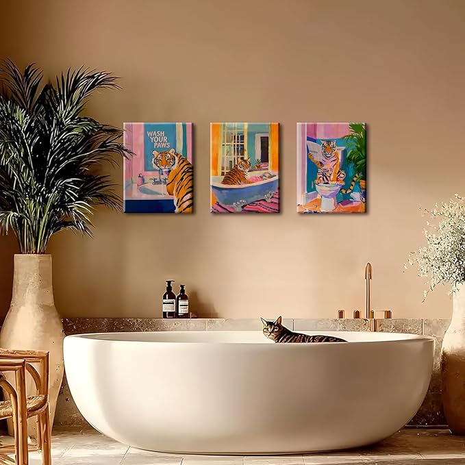 Funny Tiger Bathroom Wall Art Set of 3 Whimsical Tiger in Bathtub Canvas Wall Decor Painting Maximalist Animal Bathroom Poster Print Aesthetic 12x16 inch Framed