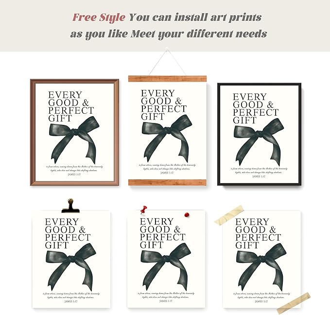 LARTSFRO Coquette Black Bow Bible Wall Art Decor Posters, Black Bow Room Bedroom Bathroom Dorm Wall Art Decor Aesthetic for Teen Girls Gifts, Inspirational Bible Verses Bow Wall Decor, 12x16 Inch Set of 4 Pcs Bow Pictures (UNFRAMED)