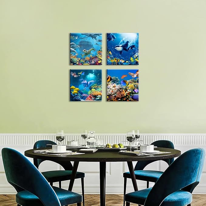 Blue Ocean Aquatic Animals Wall Art Sea Turtle Canvas Pictures Undersea Coral Dolphin Whale Fish Artwork for Bathroom Nautical Painting Nursery Kids Bedroom Living Room Home Decoration 20x20” 4 Pcs