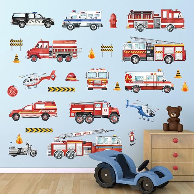 decalmile Transportation Cars Vehicles Wall Decals Fire Trucks Wall Stickers Baby Nursery Kids Room Boys Bedroom Wall Decor