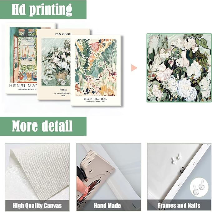 LYPHNX Framed Sage Green Matisse Canvas Wall Art Vintage Abstract Floral Prints Poster Set of 3 Mid Century Aesthetic Flower Artwork Painting Picture Decor for Living Room Bedroom Bathroom 12"x16"