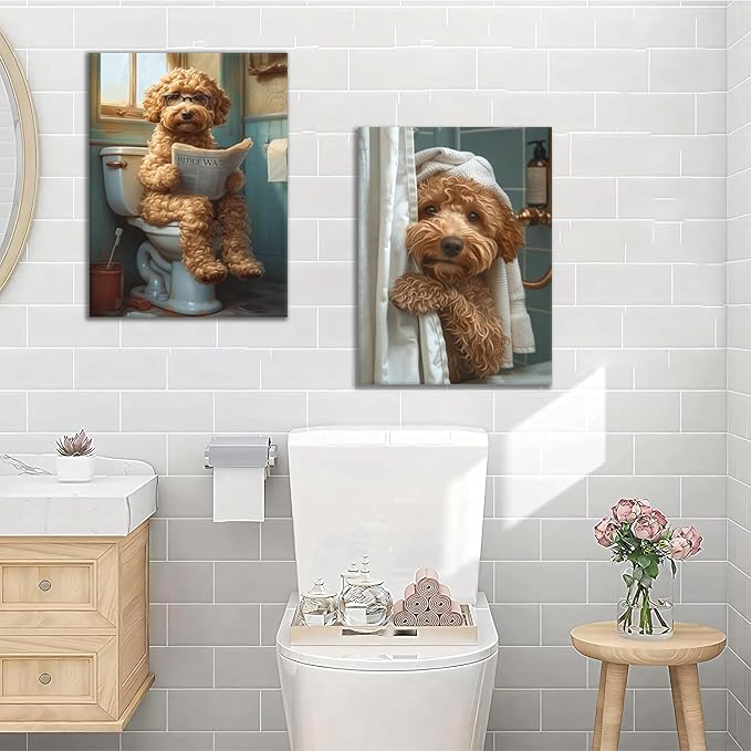 Yaneiro Funny Bathroom Canvas Wall Art-Set of 2 Poodle On Toilet Reading Newspaper Wall Decor Goldendoodle In Shower Humor Animal Poster Picture for Dog Lovers Restroom Ideas Decor 16x24 Inch Framed