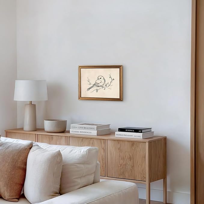 Aroutde Vintage Gold Framed Bird Printing Wall Art for Living Room, Minimalist Birds Sparrow on Branch Sketch Picture Wall Decor for Home Bedroom Apartment Decoration (16L''x12W'')