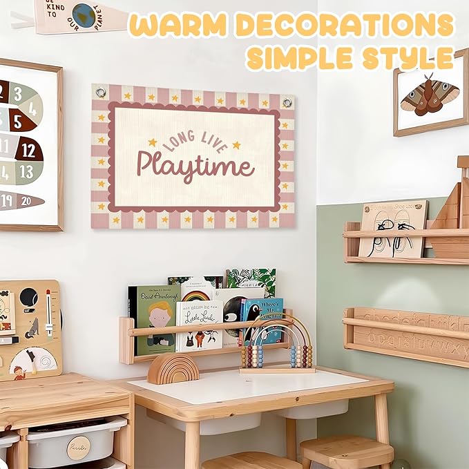 Playroom Wall Decor,Long Live Playtime Linen Canvas Banner,Pink Toddler Playroom Decor Kids Room Nursery with Star Pattern Wall Decor for Toddler Girls Toy Room Bedroom,30x20 Inch