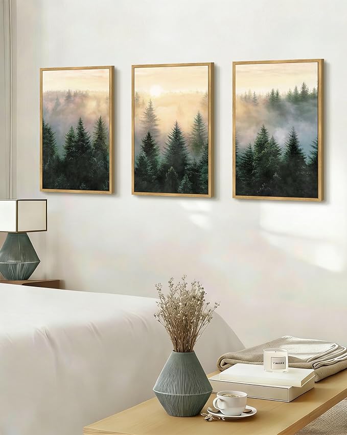 Drsoum Green Fog Pine Tree Landscape Wall Art Framed Nature Misty Nordic Forests Prints Morden Farmhouse Rustic Artwork Hallway Bedroom Ready to Hang 16x24in Natural Framed