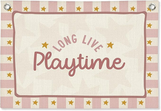 Playroom Wall Decor,Long Live Playtime Linen Canvas Banner,Pink Toddler Playroom Decor Kids Room Nursery with Star Pattern Wall Decor for Toddler Girls Toy Room Bedroom,30x20 Inch