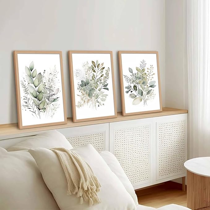 3Pcs Framed Sage Green Botanical Wall Art, Watercolor Canvas Prints Modern Green Plant White Floral Decor for Bedroom Living Room Bathroom Nursery, Ready to Hang wooden frame 16x24In