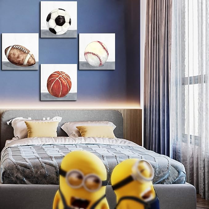 4 Panel Sports Wall Art Boys Room Decor Soccer Posters Baby Nursery Toddler Decor Baseball Basketball Football Canvas Prints Pictures Boy Bedroom Decorations Watercolor Balls Painting Artwork 16x16”