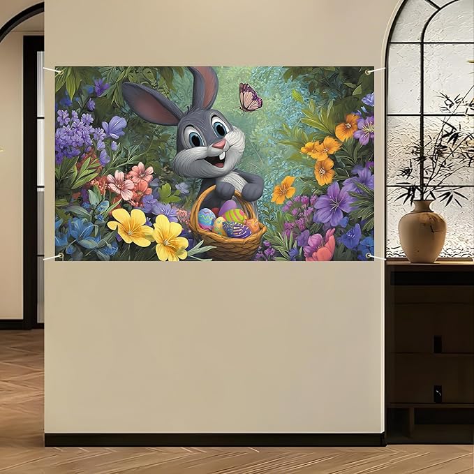 Happy Easter Backdrop 71" X 43" Happy Easter Day Banner Rabbit Party Decorations Bunny Photography Background