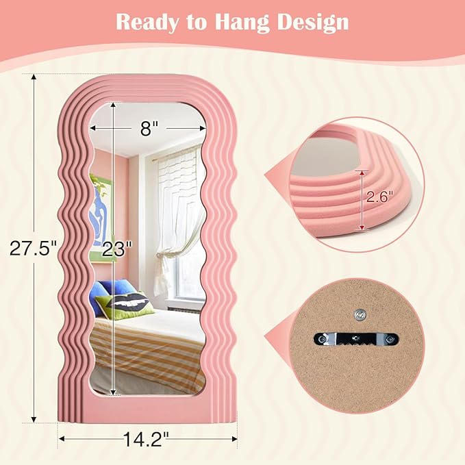 Wavy Mirror Wall Decor for Girly Bedroom, 14x28 Abstract Decorative Mirrors for Modern Apartment Nursery Room Decoration, Large Hanging Wall Art Above Dresser Desk Table Decor (Light Pink)