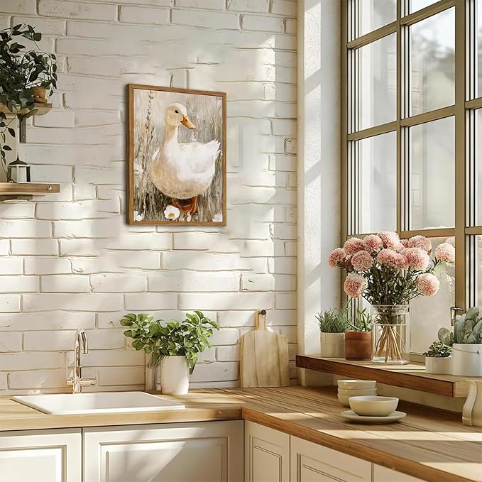 Framed Vintage Duck Canvas Wall Art, Cute Farmhouse Animal Pictures Wall Decor, Rustic Country Nature Paintings Prints Cottagecore Home Decor for Living Room Bedroom Bathroom 16x24 inch