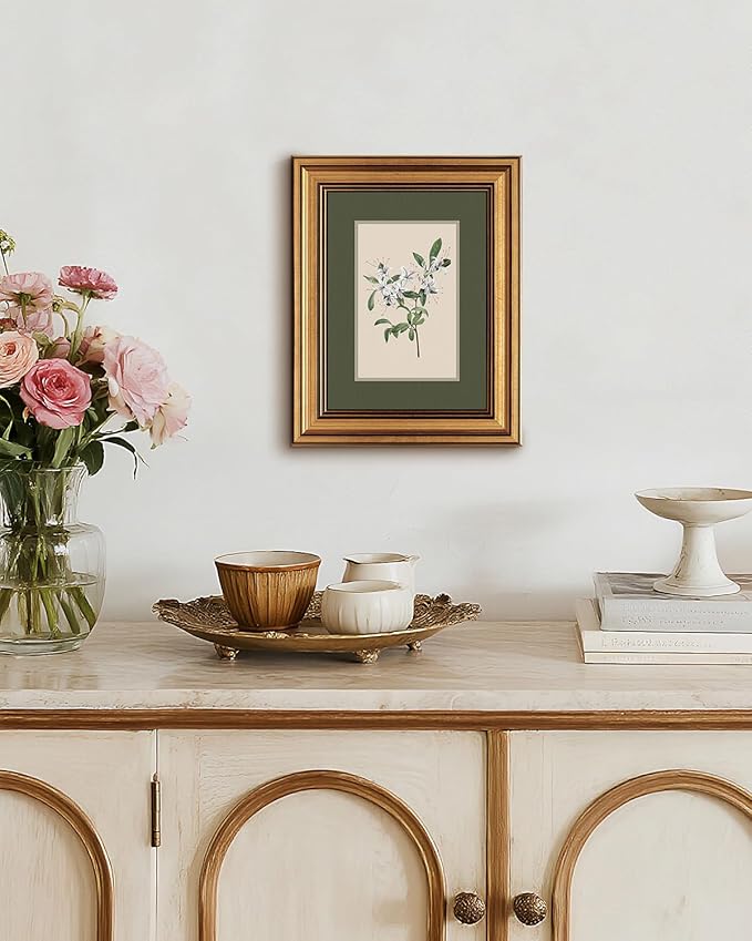 InSimSea Gold Framed Canvas Wall Art, Vintage Botanical Wall Decor for Living Room, White Floral Paintings Farmhouse Decor Aesthetic, Small Minimalist Prints for Bedroom Shelf Gift, 8x10inch