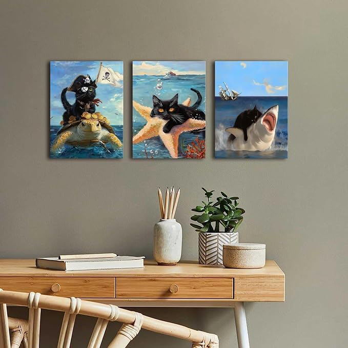 Framed Black Cat Wall Art Funny Cat Shark Turtle Starfish Canvas Wall Decor Ocean Abstract Black Cat Posters Pictures Print for Bedroom Living Room Bathroom 16x24 In